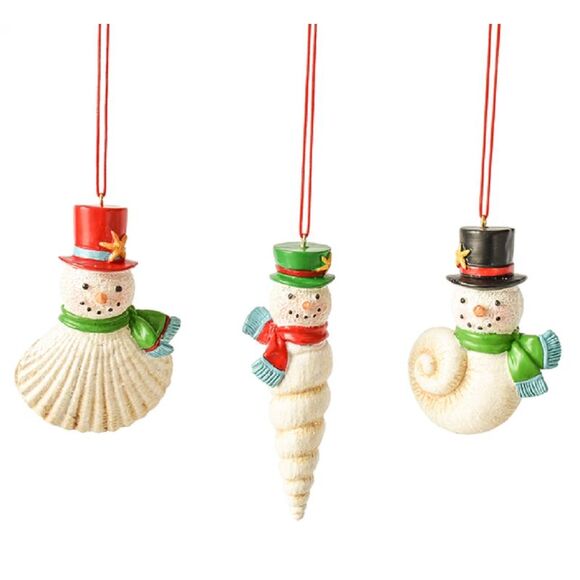 Snowmen Seashells Christmas Holiday Ornaments Set of 3 - Picture 1 of 4